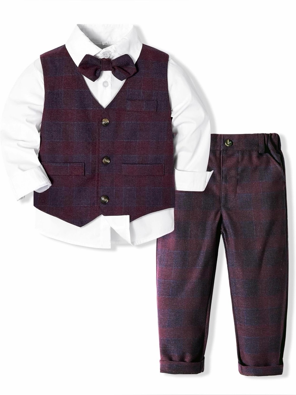 Toddler Suit Boys Formal Wedding Guest Dress Outfit 4-5T Wine Red Purple Plaid